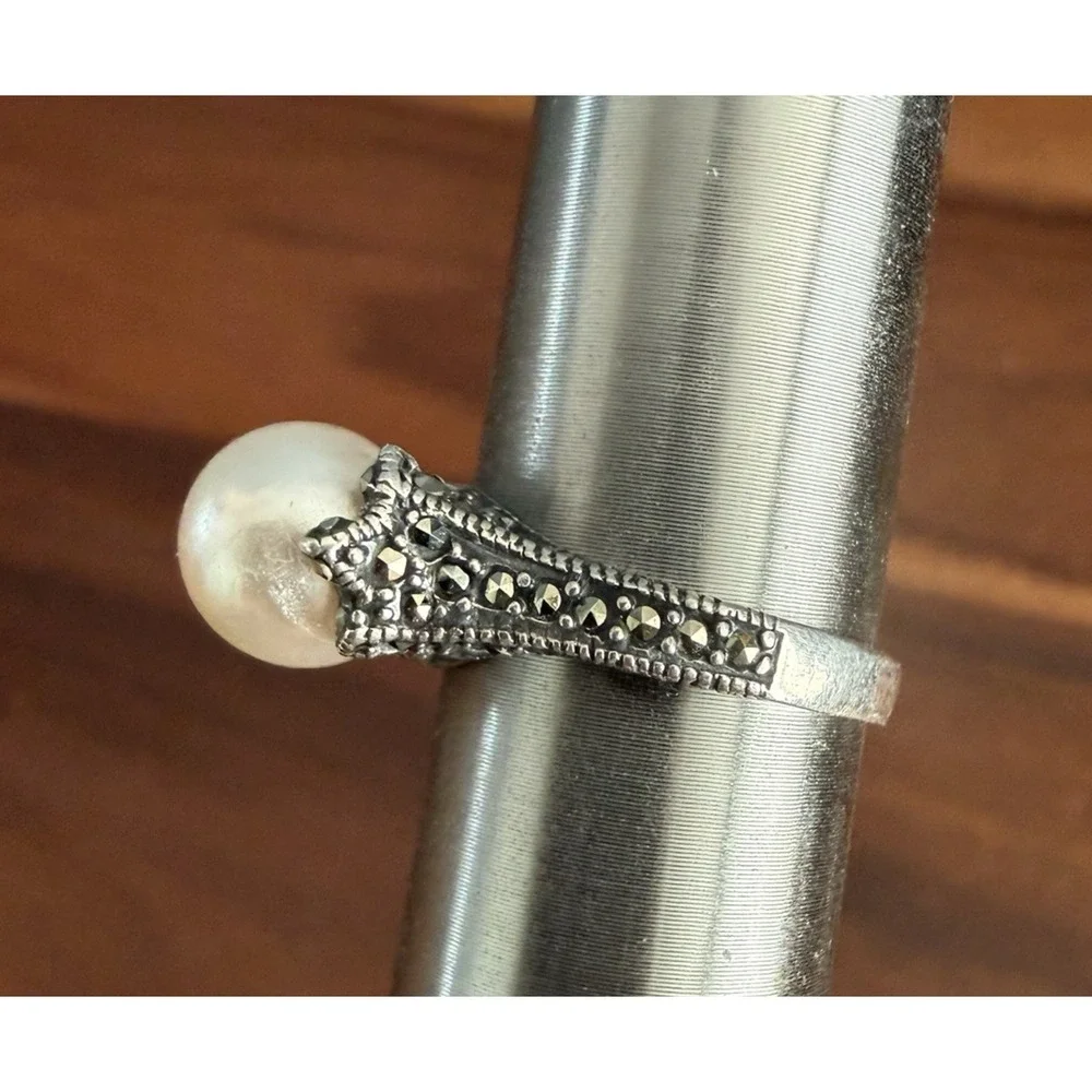 Sterling Silver Marcasite Pearl Ring Size 6.75 Vintage Art Deco Style